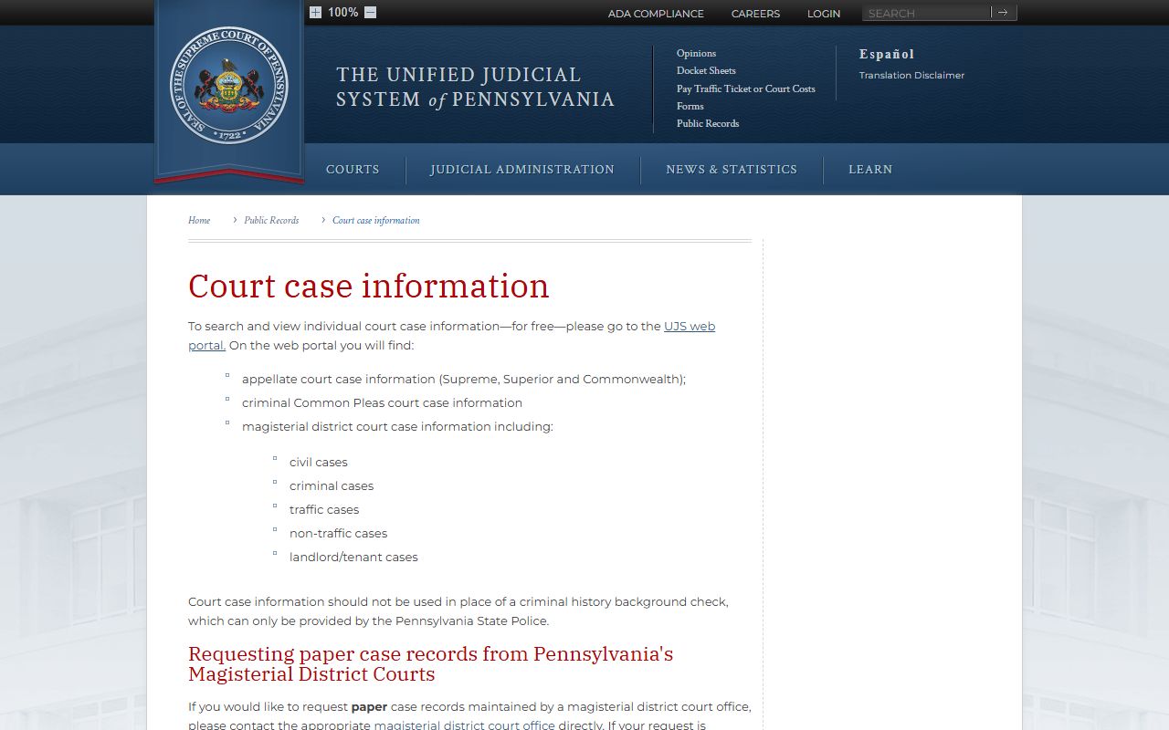 Northampton County court records and the UJS public court case information page