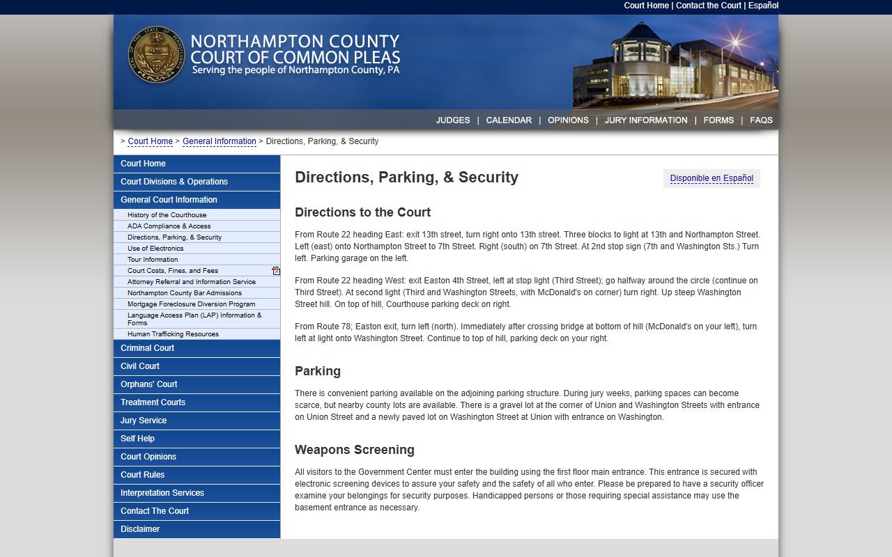 Northampton County court records page for courthouse directions, parking, and security