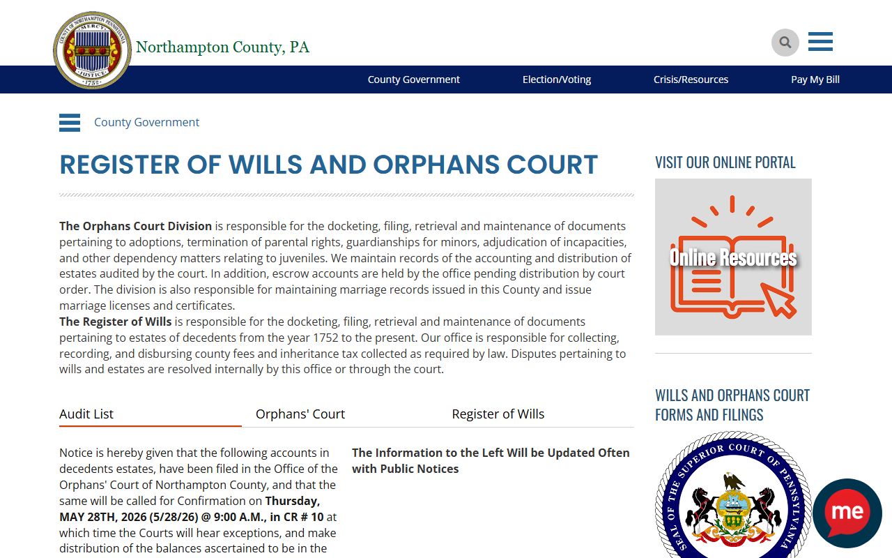 Northampton County court records on the Register of Wills and Orphans' Court page