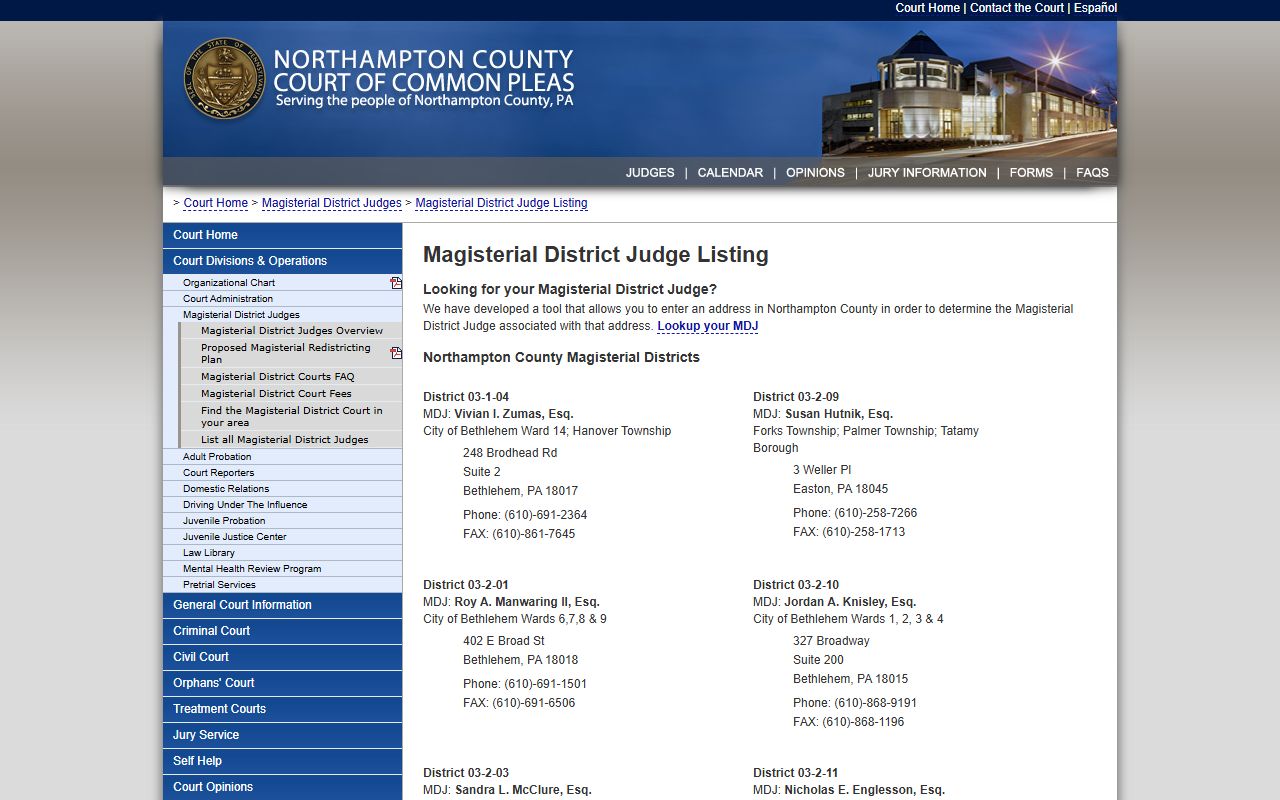 Northampton County court records magisterial district judge listing with addresses and phones