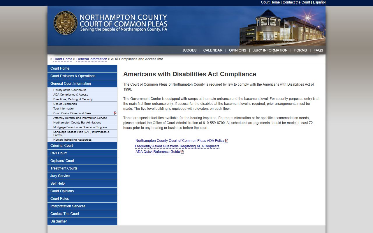 Northampton County ADA access page for visitors to the Prothonotary civil records office