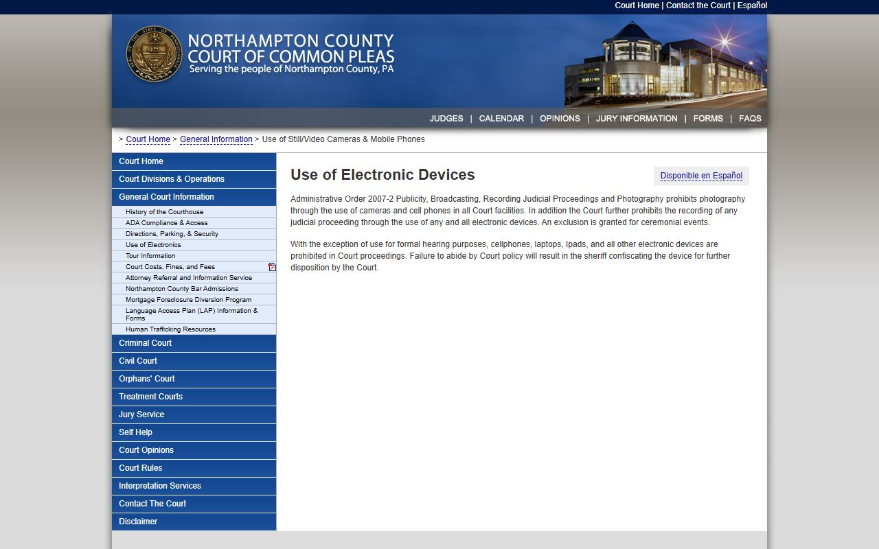 Northampton County Clerk of Courts electronics policy page covering cell phones and courtroom recording for criminal proceedings
