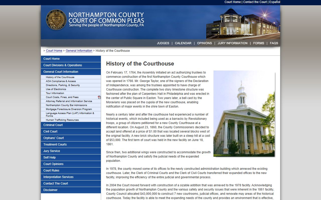 Northampton County courthouse history page tied to the Prothonotary and civil records office