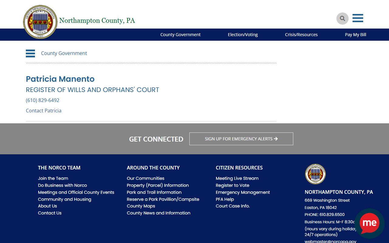 Northampton County Register of Wills contact page for civil and estate record routing