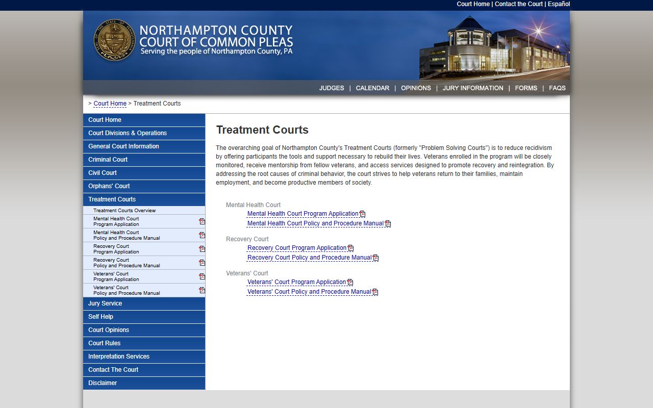 Northampton County Clerk of Courts treatment court page for Mental Health, Recovery, and Veterans' Court criminal cases
