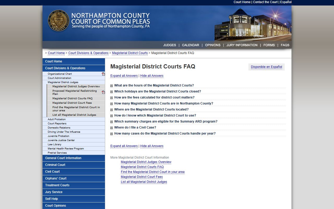 Northampton County court records magisterial district court FAQ with hours and case counts