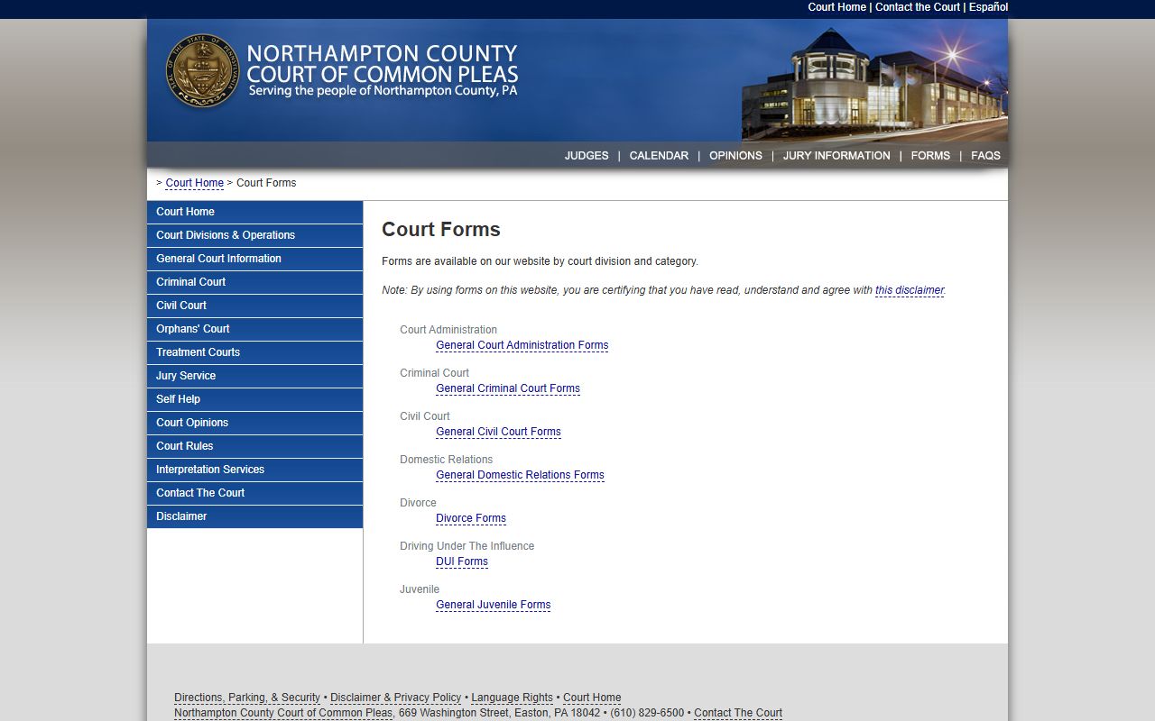Northampton County court records forms library for civil, criminal, and family filings