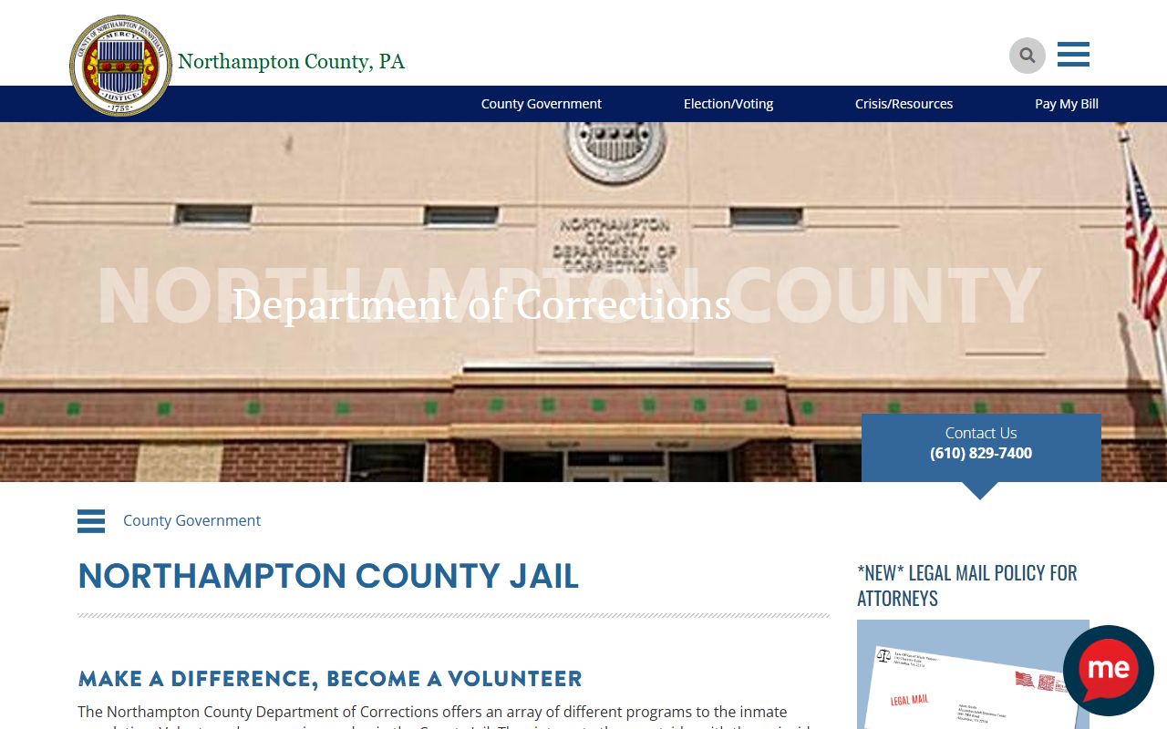Northampton County inmate records on the Department of Corrections page
