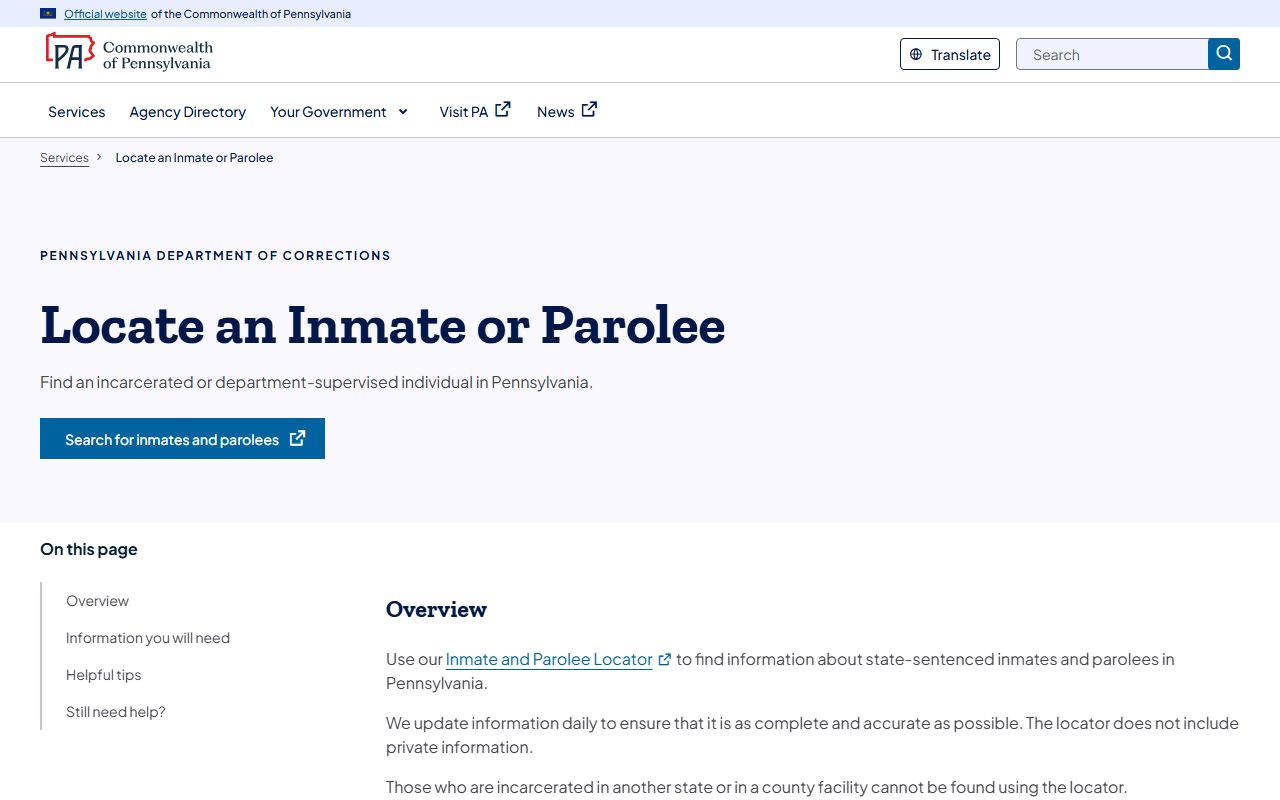 Northampton County inmate records and the Pennsylvania DOC locate an inmate page