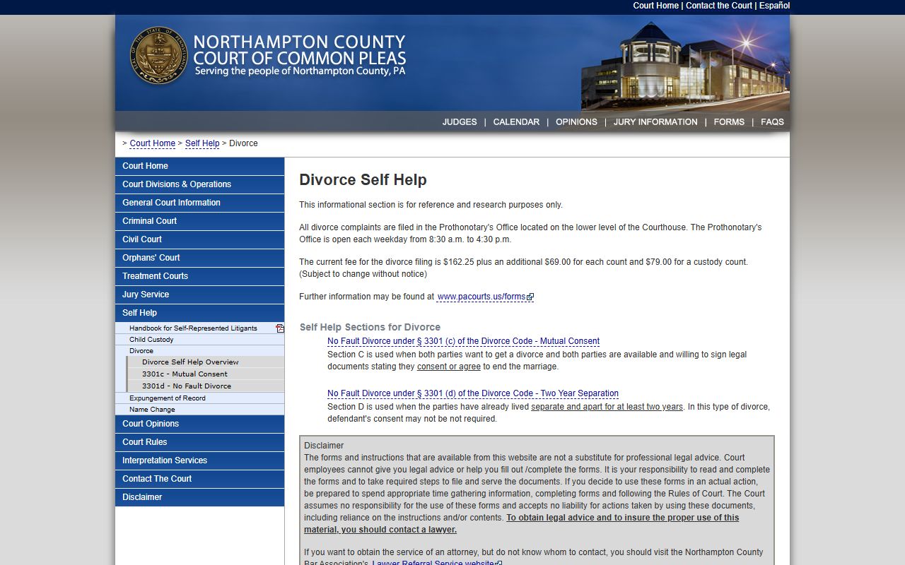 Northampton County divorce and marriage records self-help page on the county court site