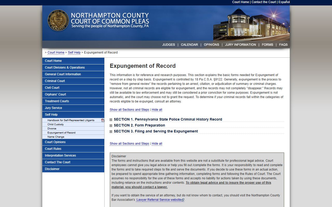 Northampton County expungement self-help linked from marriage and divorce records