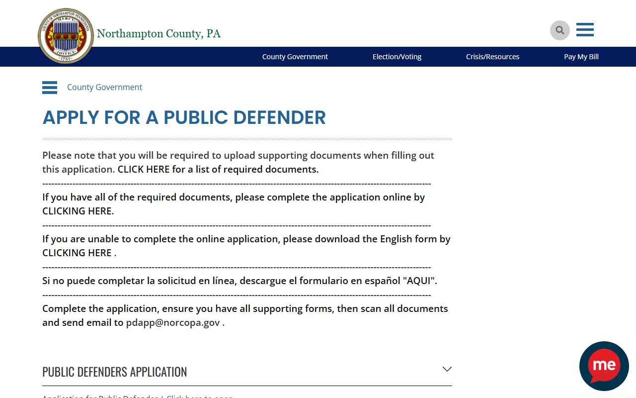Northampton County released inmates Public Defender application page with filing steps for an inmate
