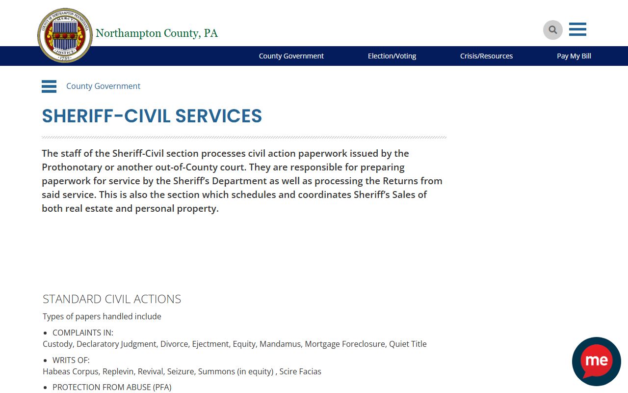 Northampton County warrant records and Sheriff Civil Services page covering writs and PFA service